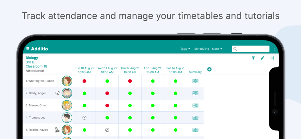 Additio App, Teacher gradebook - Interfaz de seguimiento de asistencia de alumnos en Additio App que muestra una tabla con registros diarios codificados por colores para un aula