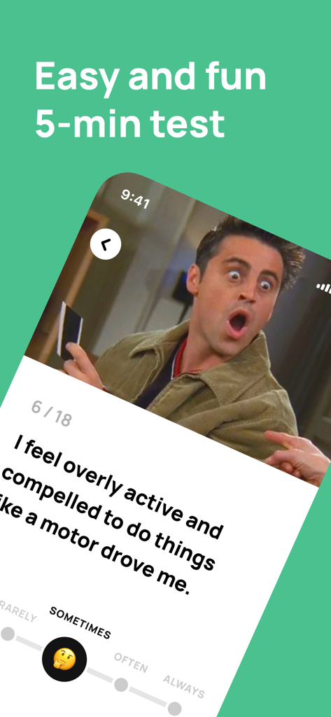 ADHD Test For Adult App - Ein Bildschirm einer mobilen App für ADHS-Tests bei Erwachsenen, der eine Frage zur Hyperaktivitätsbeurteilung und eine Schieberegler-Skala anzeigt.