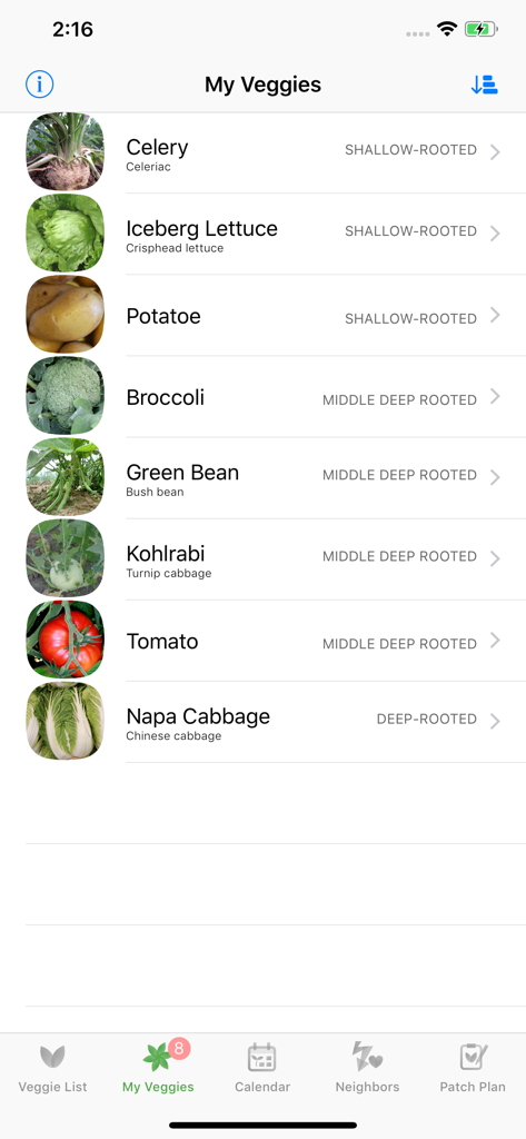 Veggie Garden Planner - Una lista de verduras seleccionadas en la aplicación Planificador de Huerta Orgánica mostrando información de profundidad de raíz para plantas como apio y patatas.