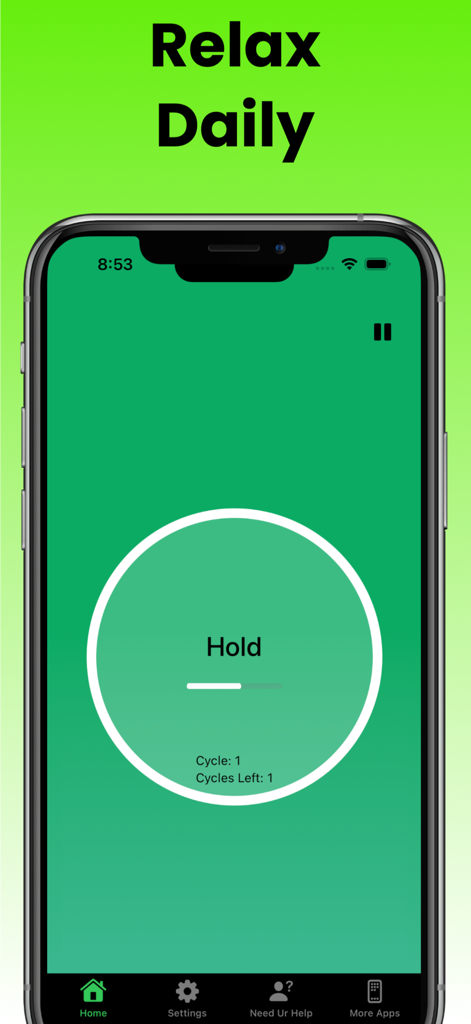 Interfaccia minimalista dell'app Esercizi di Respirazione che mostra l'istruzione per la fase di trattenimento all'interno di un cerchio bianco su sfondo verde.