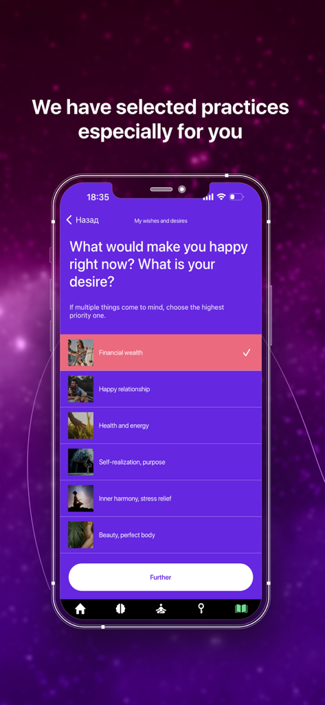 Mind Power: Guided Meditations - Pantalla de la aplicación Mind Power mostrando una lista de objetivos de manifestación que incluyen riqueza financiera y relaciones felices