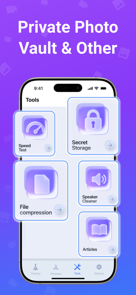 Storage Cleaner - Boost Mobile - Storage Cleaner app tools menu featuring private photo vault and file compression