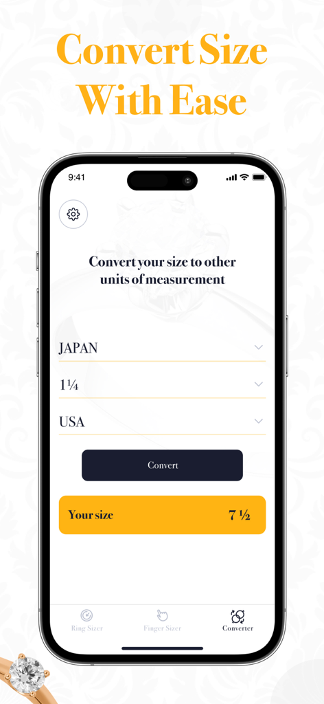 Ring Sizer - Size Measure App - Interfaz de la aplicación Medidor de Anillos mostrando la conversión de una talla de anillo entre Japón y EE. UU.