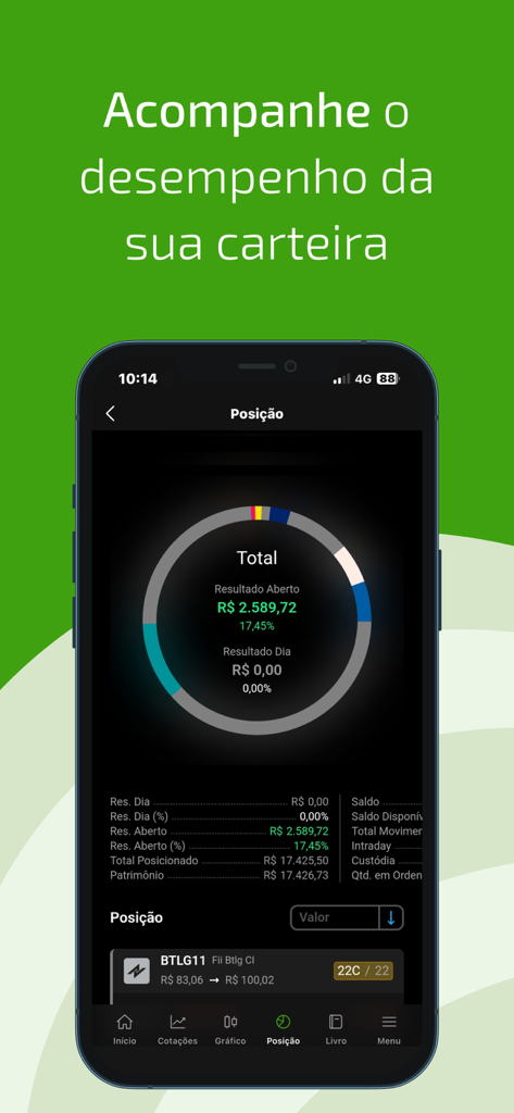 Home Broker Sicredi - Interface de l'application mobile Home Broker Sicredi montrant un aperçu du portefeuille financier avec un graphique circulaire de répartition des investissements.