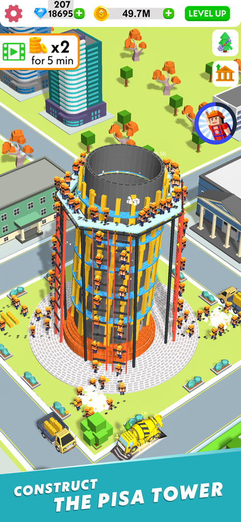 Trabalhadores construindo a Torre Inclinada de Pisa no jogo móvel Idle Construction 3D.