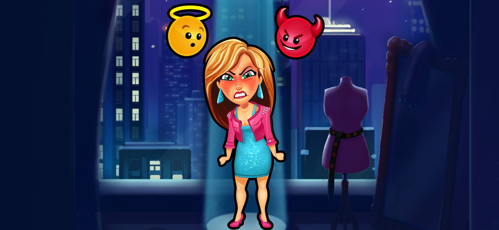 안젤라 캐릭터가 밤의 패션 스튜디오에서 그녀 위로 천사와 악마 아이콘이 떠 있는 채로 화난 표정을 짓고 있는 모습
