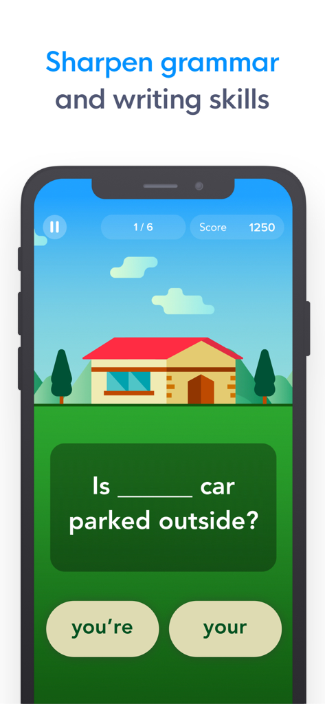 MindPal app interface showing a grammar game where the user chooses between your and youre to complete a sentence