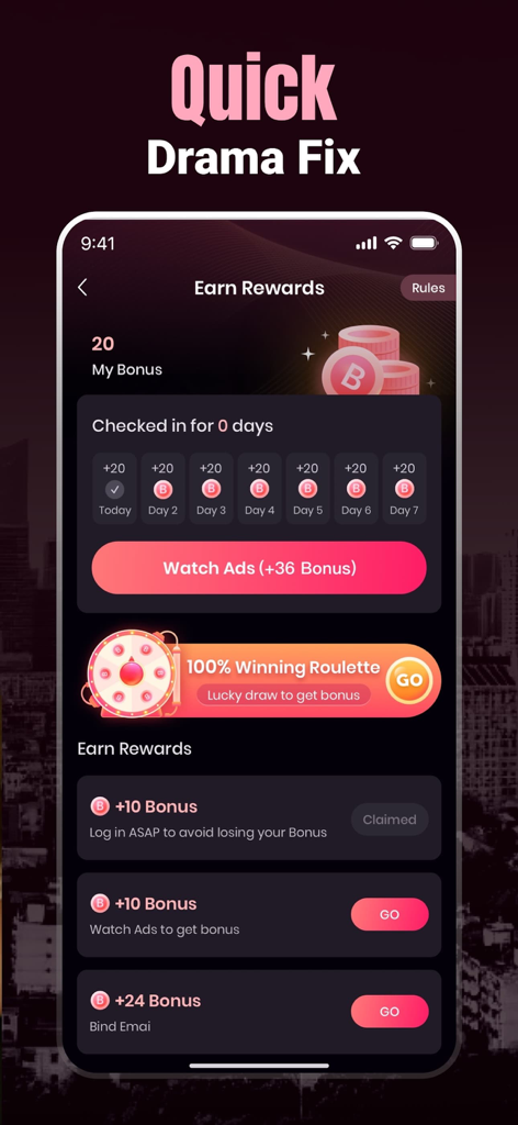 Tallflix: Short Dramas & Films - Tallflix app rewards interface showing daily check in bonuses and tasks to earn credits for short dramas