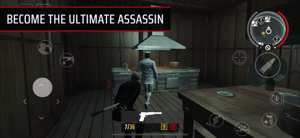 Hitman: Blood Money — Reprisal - Agent 47 stalking a target in a kitchen within Hitman Blood Money Reprisal mobile gameplay