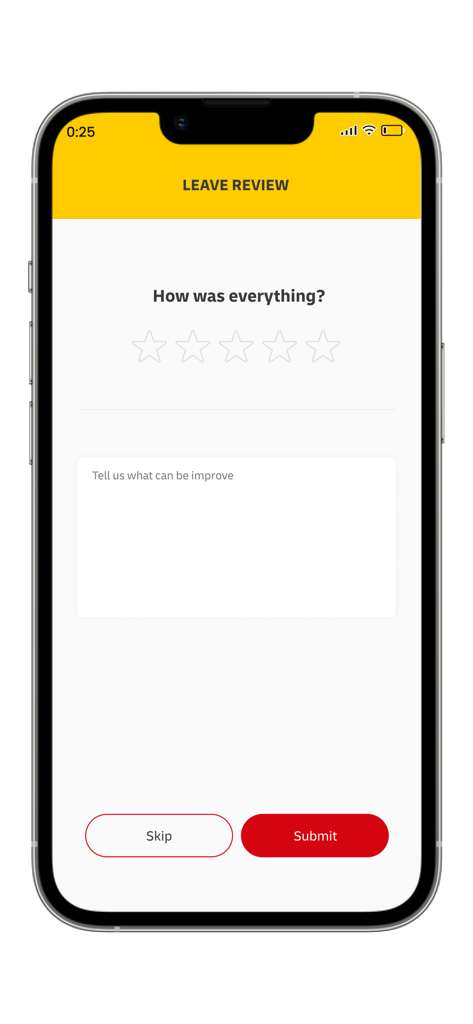 DHL Express Lockers app interface showing a feedback and review screen with star ratings and a comment box.