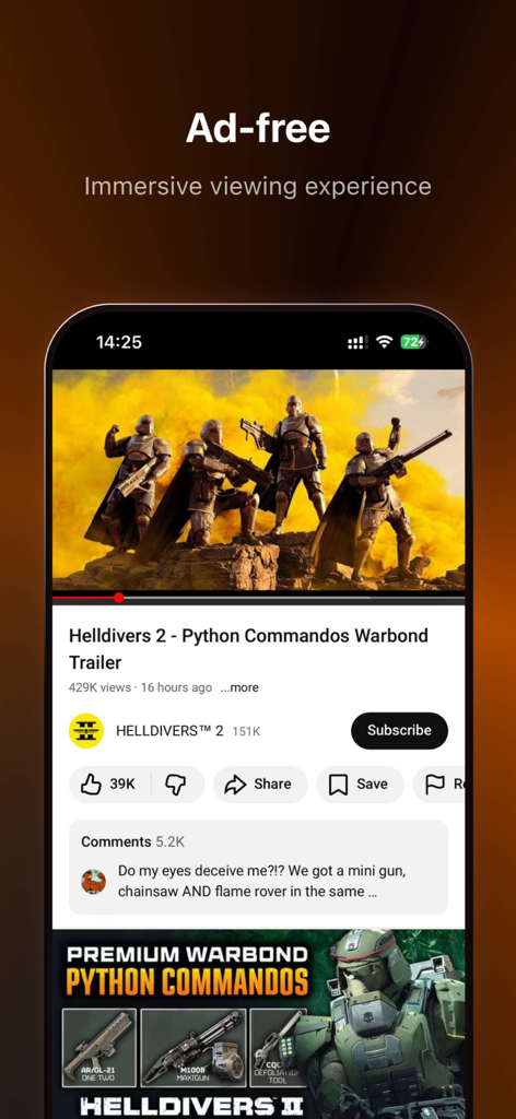 Tube PiP app interface showing an ad-free YouTube video playback