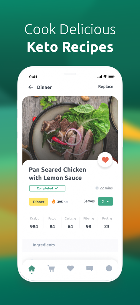 Tela de smartphone mostrando uma receita de frango selado na frigideira com informações detalhadas de rastreamento de macros e calorias no Keto Diet App.
