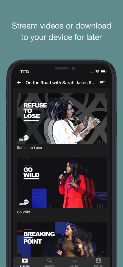 Interfaz de la aplicación móvil de Woman Evolve TV mostrando series de video de Sarah Jakes Roberts, incluyendo Refuse to Lose y Go Wild.