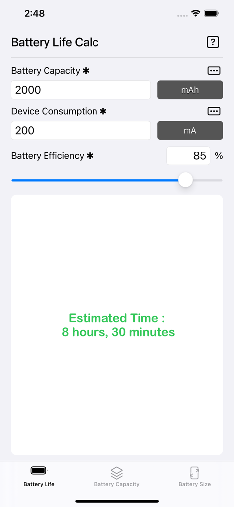 A mobile app screen calculating estimated battery run time based on capacity and consumption