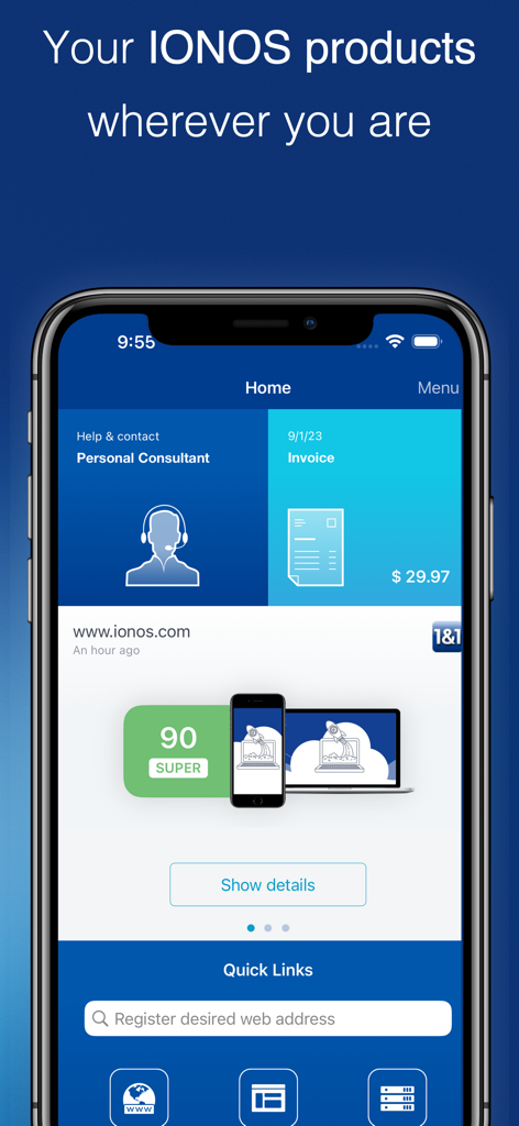 IONOS - IONOS mobile app home screen showing account management options like invoices and personal consultant