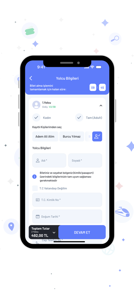 E-Bilet鉄道予約モバイルアプリの乗客情報入力画面。氏名と身元フィールドが表示されています。