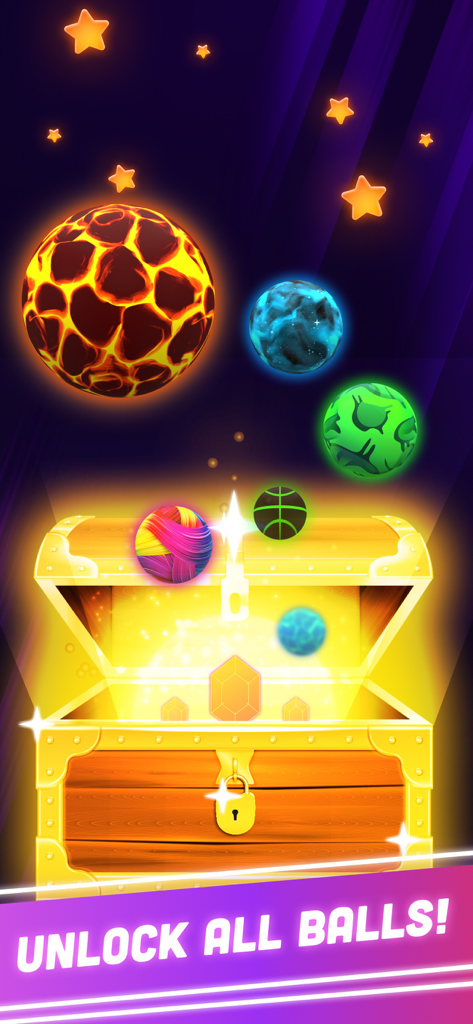 Beat Tiles 3D: Music Game - Un cofre del tesoro dorado abriéndose con diferentes skins para la bola