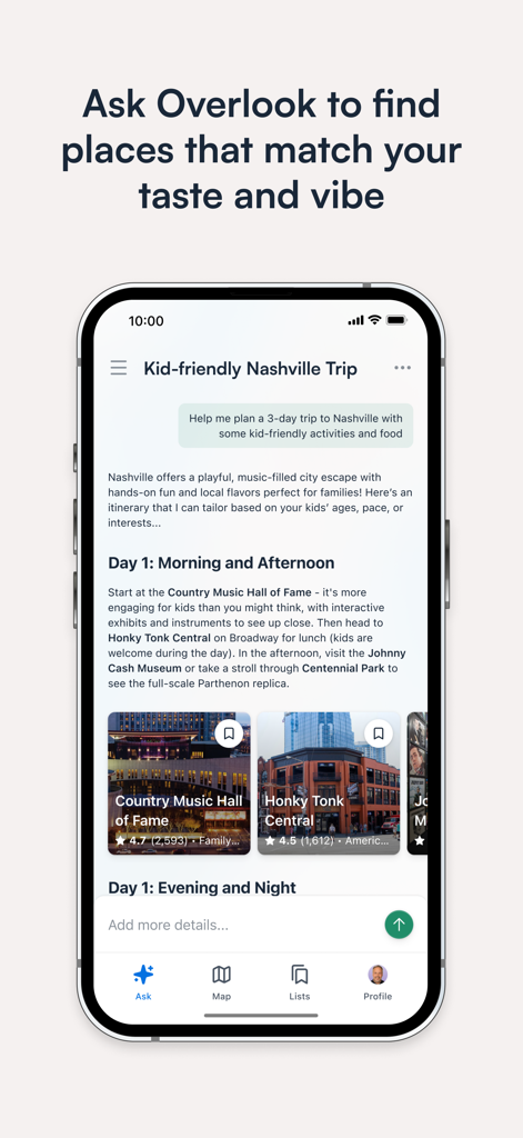 Overlook Maps - Un'interfaccia di app mobile di Overlook Maps che mostra un itinerario di viaggio personalizzato per famiglie a Nashville con consigli curati per locali