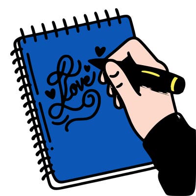 a hand writing “love” in calligraphy on a notebook