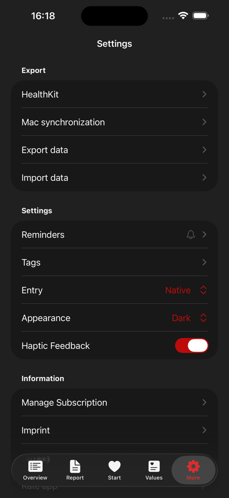 Menu delle impostazioni dell'app Diario Pressione Arteriosa e Polso che mostra le opzioni di esportazione e sincronizzazione