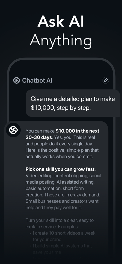 Interfaz de Chatbot AI proporcionando un plan detallado paso a paso para un proyecto paralelo para ganar dinero