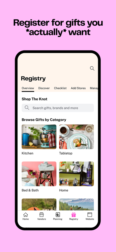 The Knot Wedding Planner - A mobile interface of The Knot Wedding Planner app showing a wedding registry with gift categories for kitchen, tabletop, and home decor.