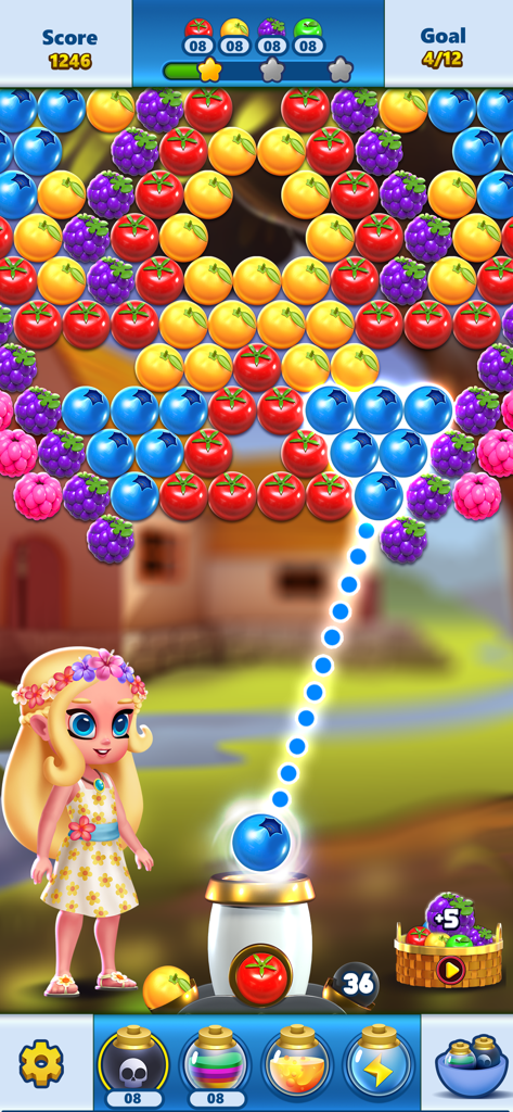 A gameplay screen of Bubble Shooter Princess Pop showing a princess and colorful fruit bubbles
