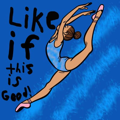 gymnast doing a leap in a leotard with a bent back leg