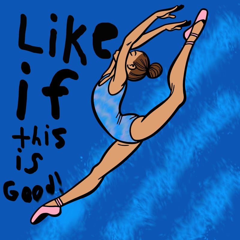 gymnast doing a leap in a leotard with a bent back leg