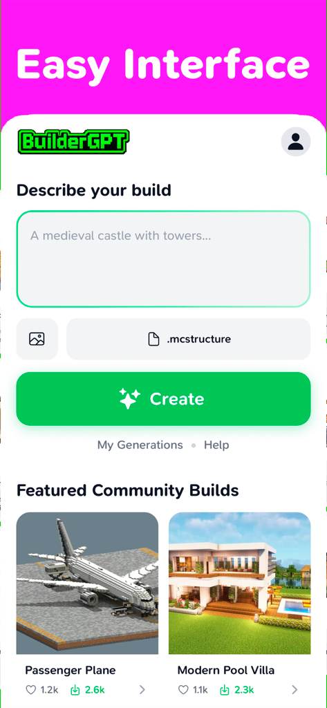 BuilderGPT – AI MC Builder - BuilderGPT app interface showing a text prompt box to describe a Minecraft build and featured community structures like a passenger plane and a modern pool villa