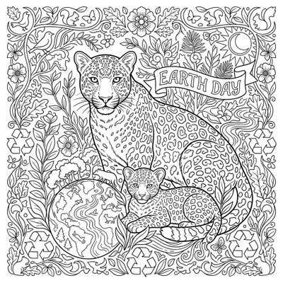 Immerse yourself in nature's beauty with this intricate Amur leopard coloring page, celebrating Earth Day. Featuring a loving leopard family alongside symbols of environmental care, it's perfect for all ages.