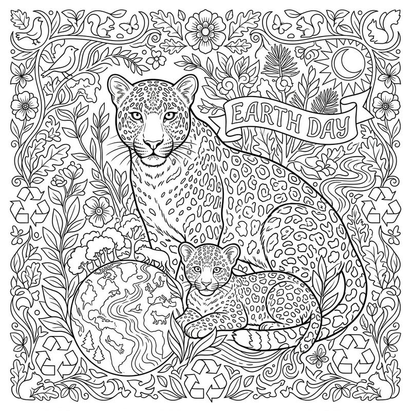 Immerse yourself in nature's beauty with this intricate Amur leopard coloring page, celebrating Earth Day. Featuring a loving leopard family alongside symbols of environmental care, it's perfect for all ages.