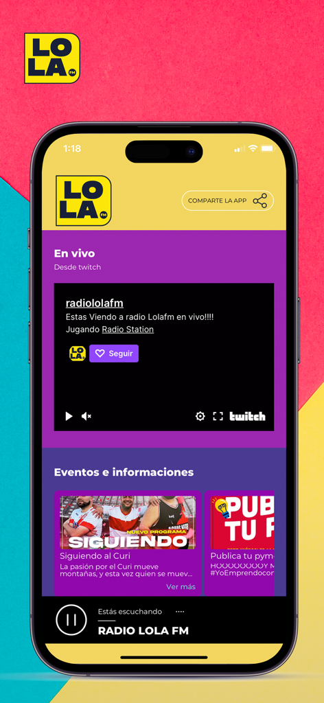 Radio Lola FM 104.3 - Oberfläche der Radio Lola FM 104.3 App, die den Live-Twitch-Stream und Nachrichtenereignisse zeigt.