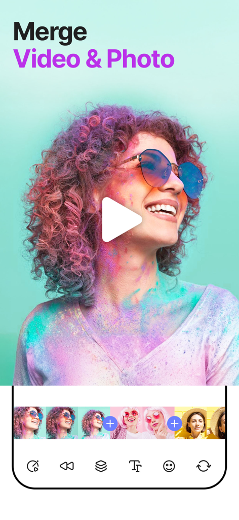 SpeedPro mobile app interface showing how to merge video and photo clips with a colorful video preview and editing timeline