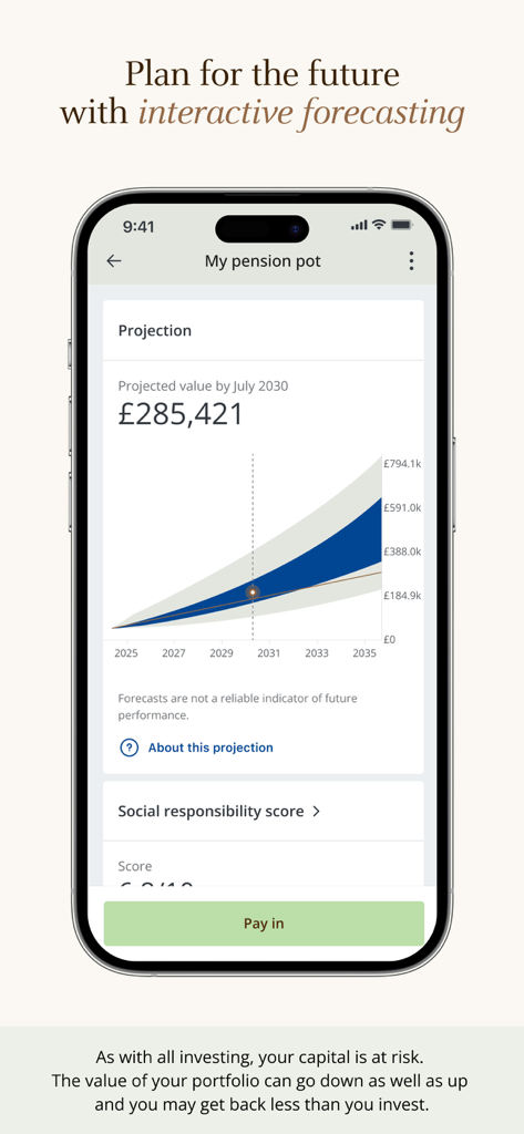 J.P. Morgan Personal Investing - インタラクティブな予測機能を備えた年金ポットの予測グラフを表示するJPモルガン・パーソナル・インベスティング・アプリ