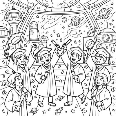 Journey to the stars and celebrate achievement with this unique space colony graduation coloring page. Featuring joyful graduates in a futuristic setting, it's a perfect blend of academic success and cosmic wonder for all ages.