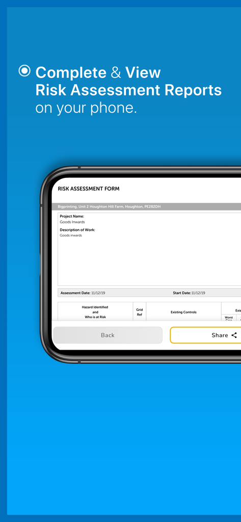 Risk Assessor Pro - A smartphone screen displaying a digital risk assessment form within the Risk Assessor Pro app.