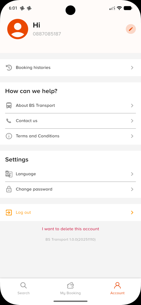 BS Bus Cambodia - BS Bus Cambodia app account settings and profile interface