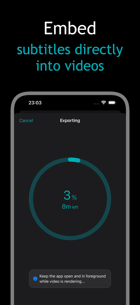 Captions Craft - Captions Craft app interface showing a video export progress screen for embedding subtitles