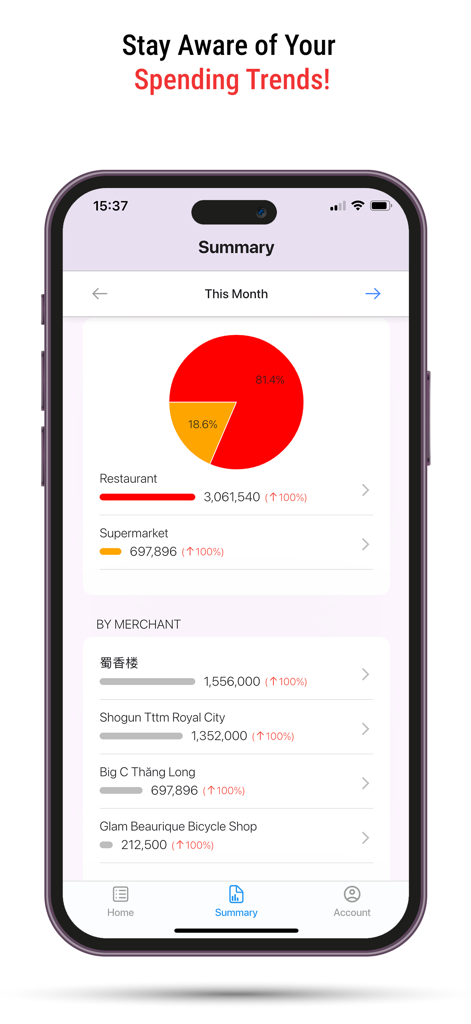Receipt Pro: AI Scanner - 가맹점 목록과 함께 카테고리별 지출을 보여주는 파이 차트인 월별 지출 요약