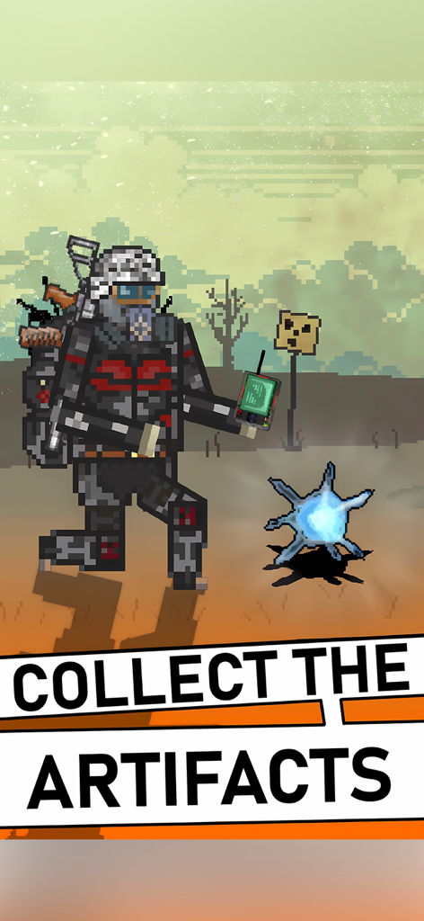 Pocket ZONE - A pixel art character finds a glowing blue artifact in a post-apocalyptic wasteland survival game