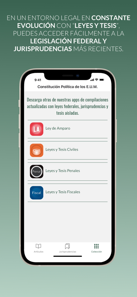 Constitución México - Interfaz de la aplicación que muestra una colección de recursos legales mexicanos, incluyendo leyes civiles, penales y fiscales