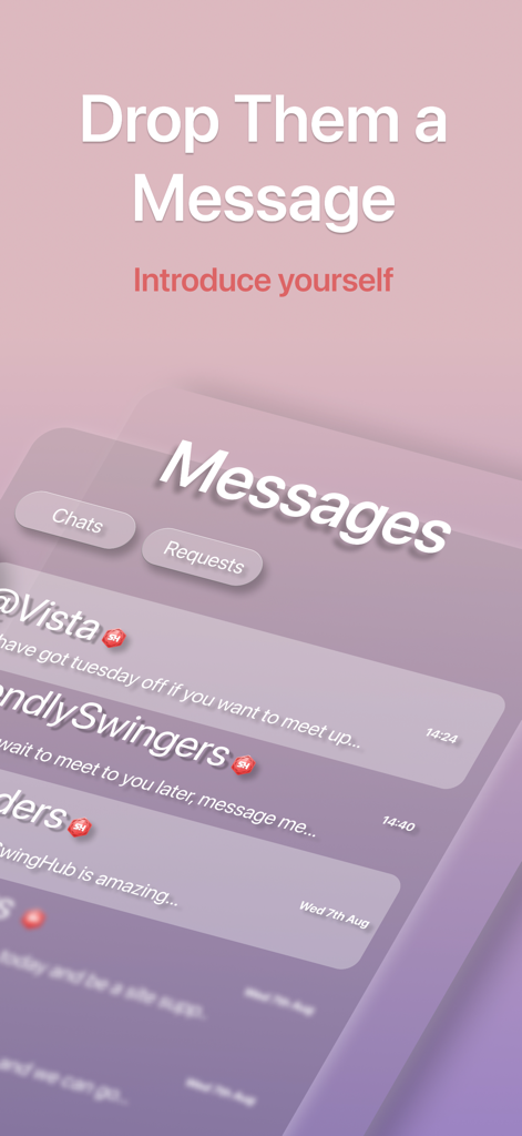 SwingHub: Open Dating & Social - Messaging interface of the SwingHub app showing different chat conversations and message requests.