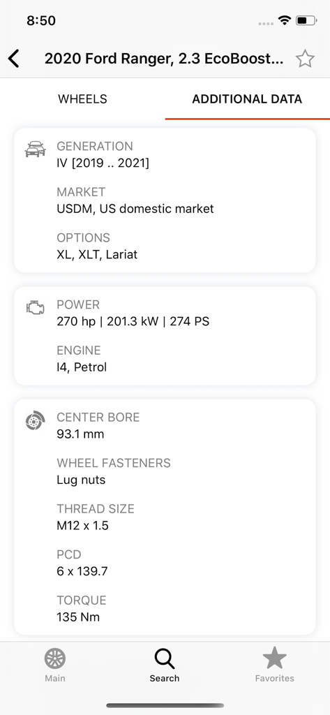 Technical wheel specifications and vehicle data for a Ford Ranger in the Wheel Size app