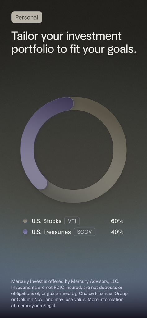 Mercury | Bank Differently - Interfaz de la aplicación Mercury que muestra una cartera de inversión personalizada con una asignación del 60 por ciento en acciones estadounidenses y el 40 por ciento en bonos del Tesoro de EE. UU.