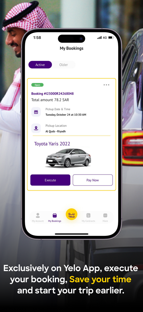 Yelo mobile app screen showing active car rental booking for a Toyota Yaris in Riyadh with options to execute or pay