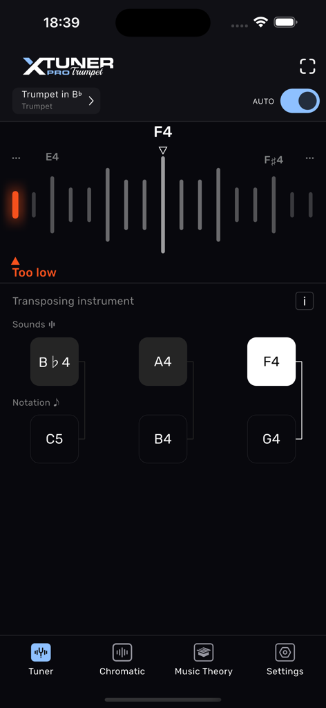 Trumpet Tuner – XTuner PRO - XTuner PRO app interface showing a trumpet tuner with auto mode and transposing instrument settings
