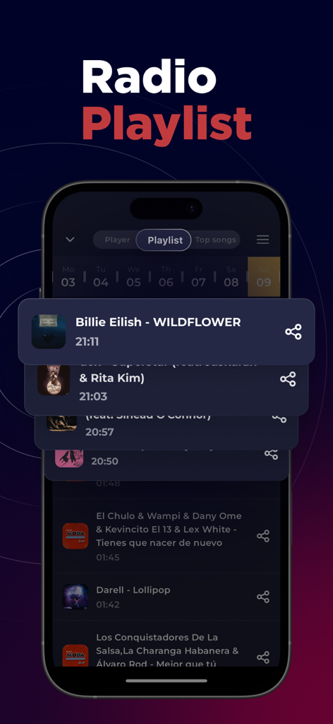 Radio Peru - Live FM & AM - Interface of the Radio Peru app displaying a list of recently played songs with timestamps