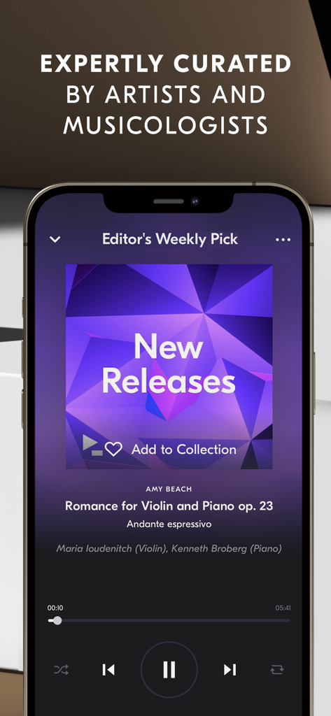 Smartphone screen showing the IDAGIO app playing a curated classical music track from the Editor's Weekly Pick selection.