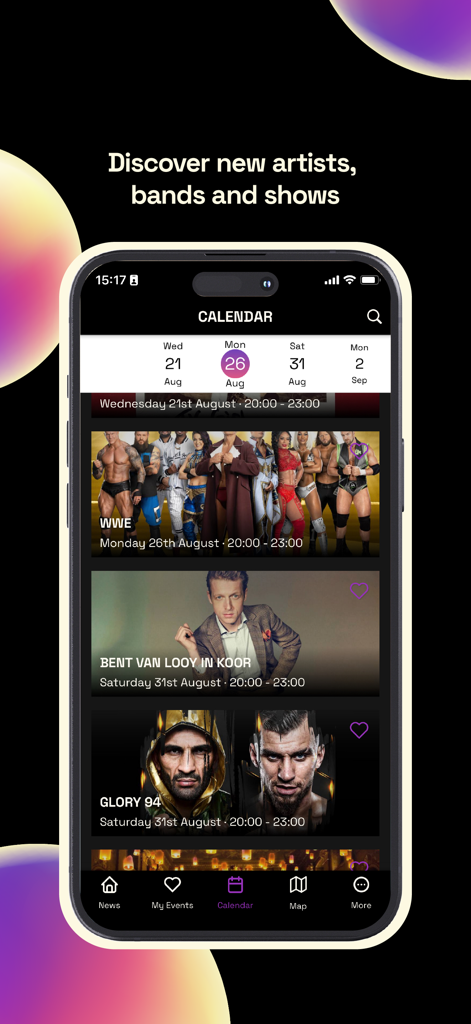 be·at Venues - Pantalla de smartphone mostrando el calendario de eventos de be·at Venues con una lista de próximos espectáculos y actuaciones